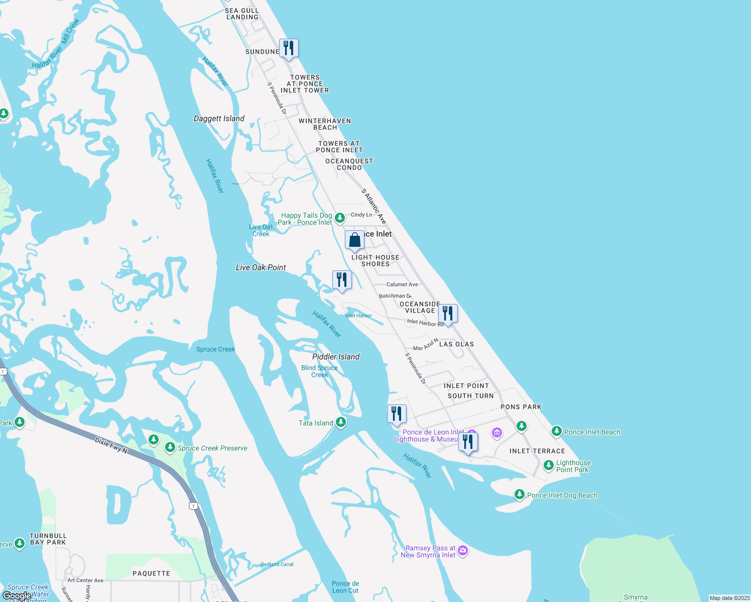map of restaurants, bars, coffee shops, grocery stores, and more near 4784 South Peninsula Drive in Ponce Inlet