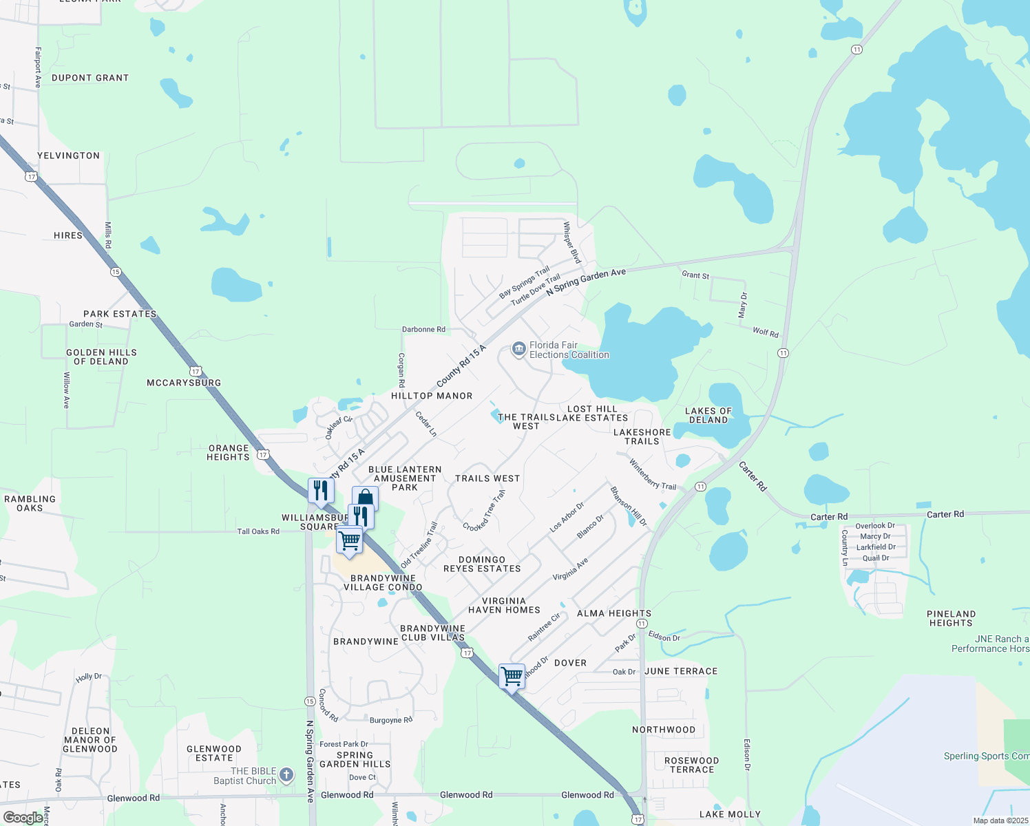 map of restaurants, bars, coffee shops, grocery stores, and more near 3330 English Brick Trail in DeLand