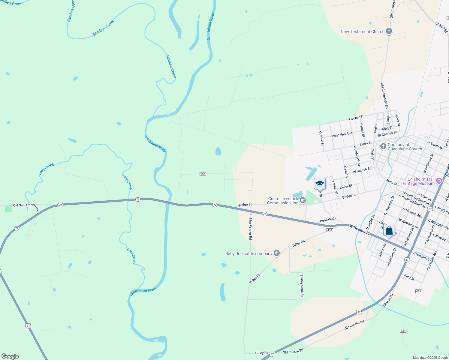 map of restaurants, bars, coffee shops, grocery stores, and more near 152 Cottonwood Ln in Cuero