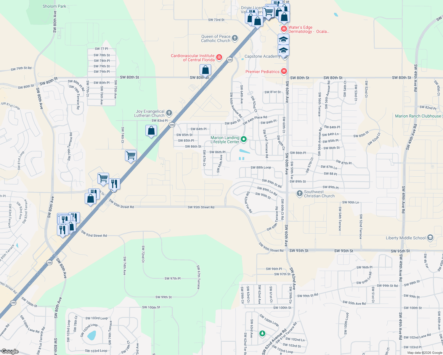 map of restaurants, bars, coffee shops, grocery stores, and more near 6570 Southwest 88th Place in Ocala