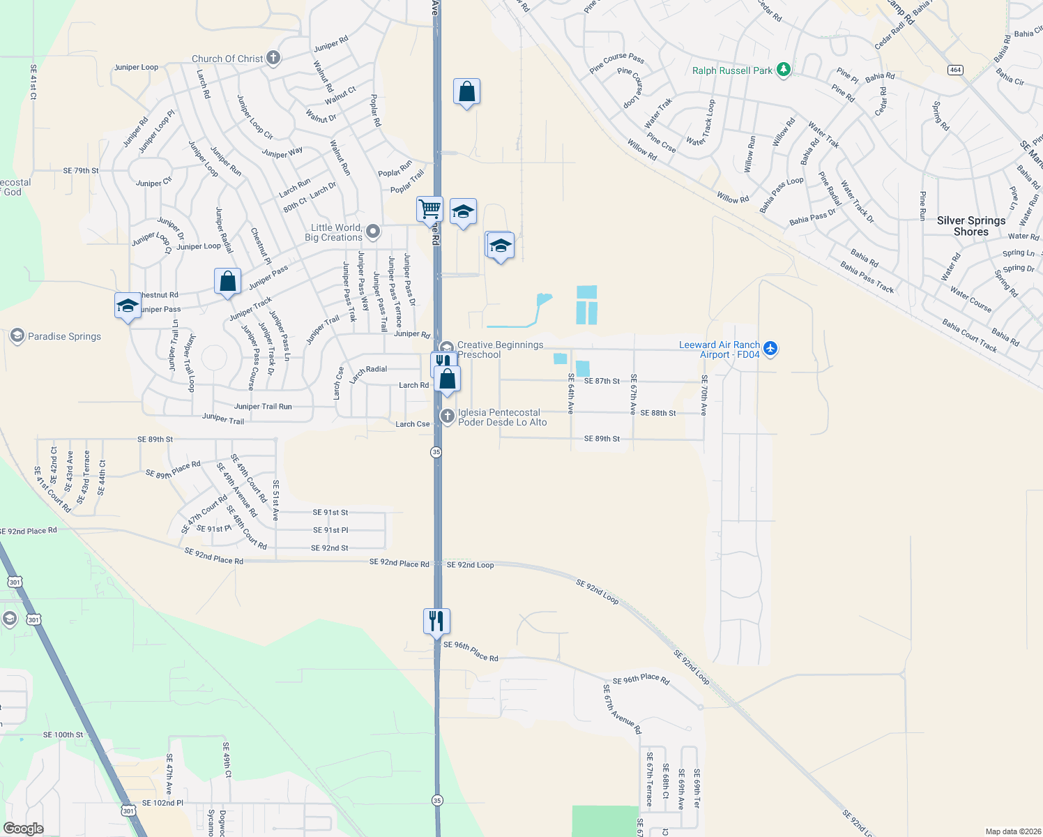map of restaurants, bars, coffee shops, grocery stores, and more near 6240 Southeast 88th Street in Ocala