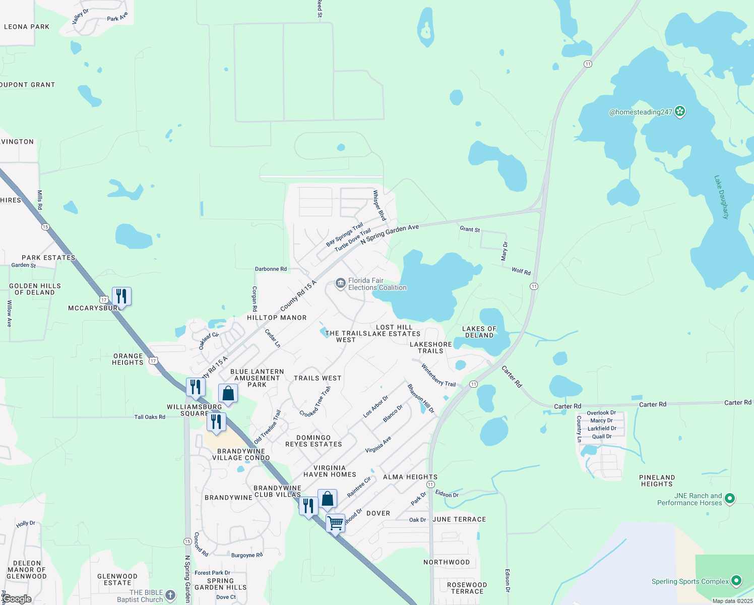 map of restaurants, bars, coffee shops, grocery stores, and more near 220 Fallen Timber Trail in DeLand