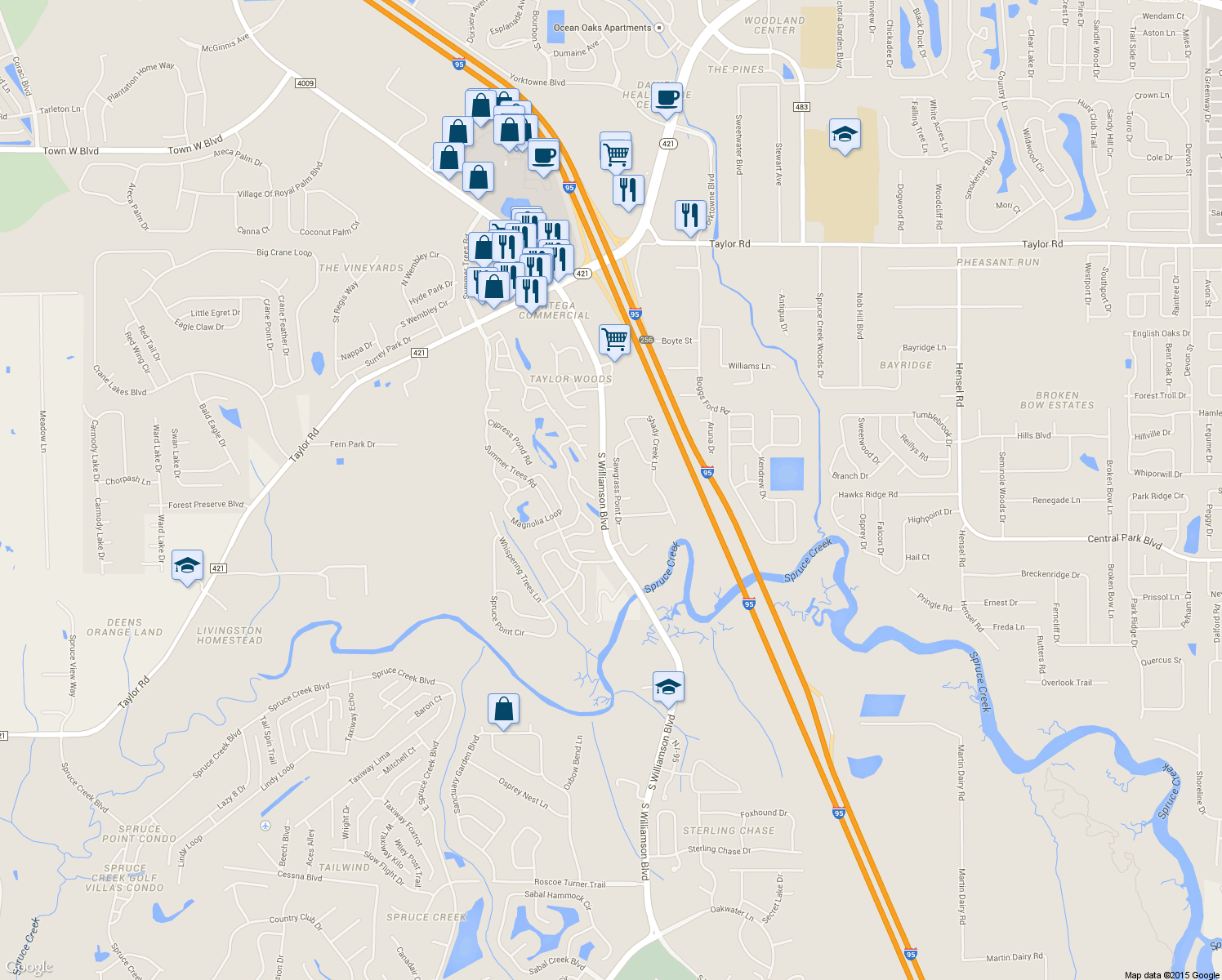 map of restaurants, bars, coffee shops, grocery stores, and more near 5982 Sawgrass Point Drive in Port Orange