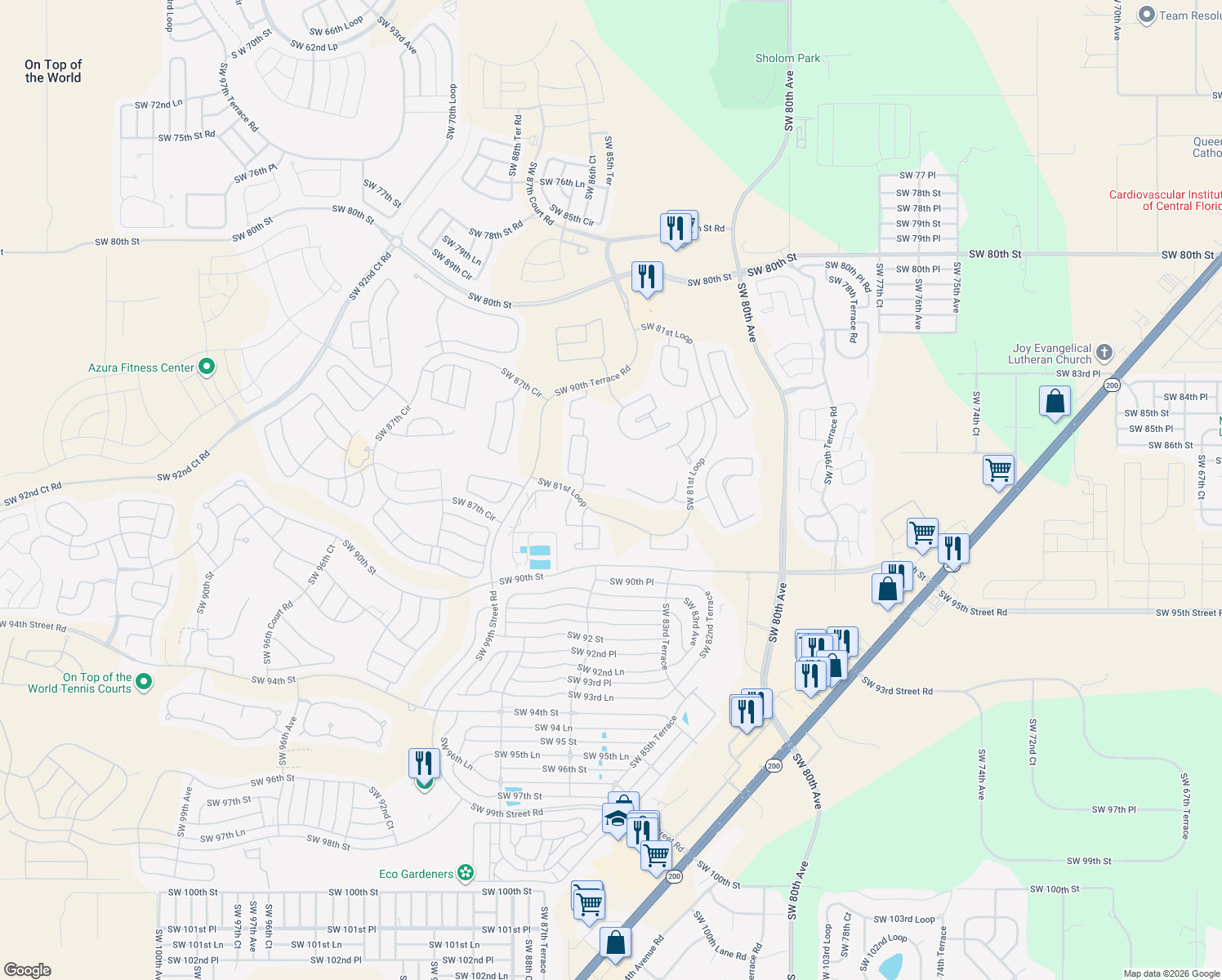 map of restaurants, bars, coffee shops, grocery stores, and more near 8570 Southwest 87th Street in Ocala