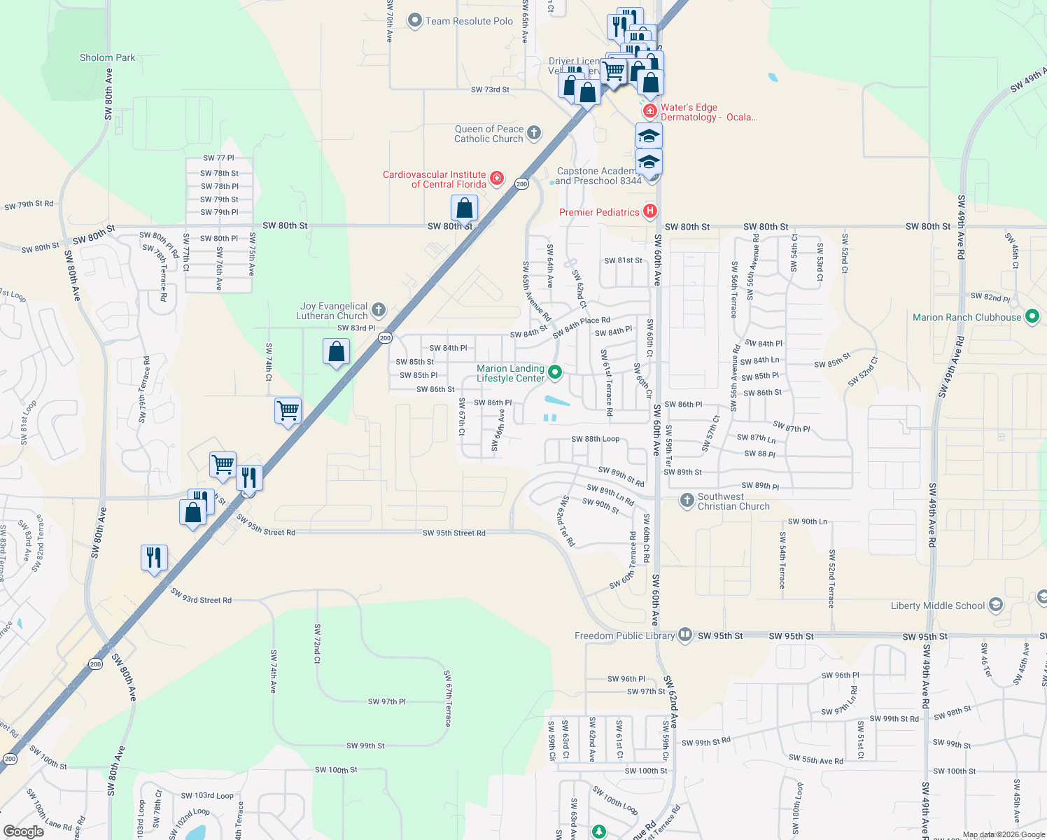 map of restaurants, bars, coffee shops, grocery stores, and more near 14877 Southwest 65th Avenue Road in Ocala