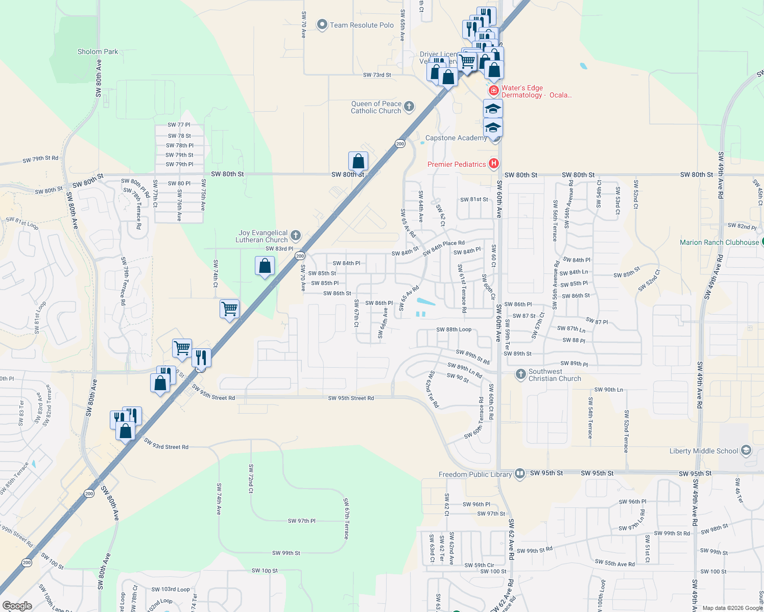 map of restaurants, bars, coffee shops, grocery stores, and more near 8668 Southwest 66th Avenue in Ocala