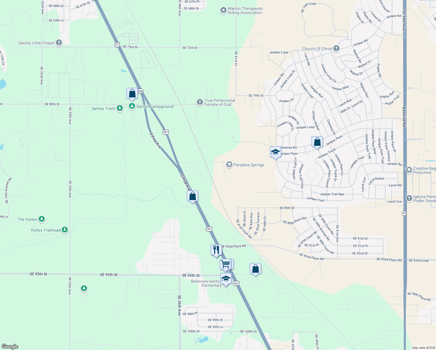 map of restaurants, bars, coffee shops, grocery stores, and more near 3964 Southeast 84th Lane Road in Ocala