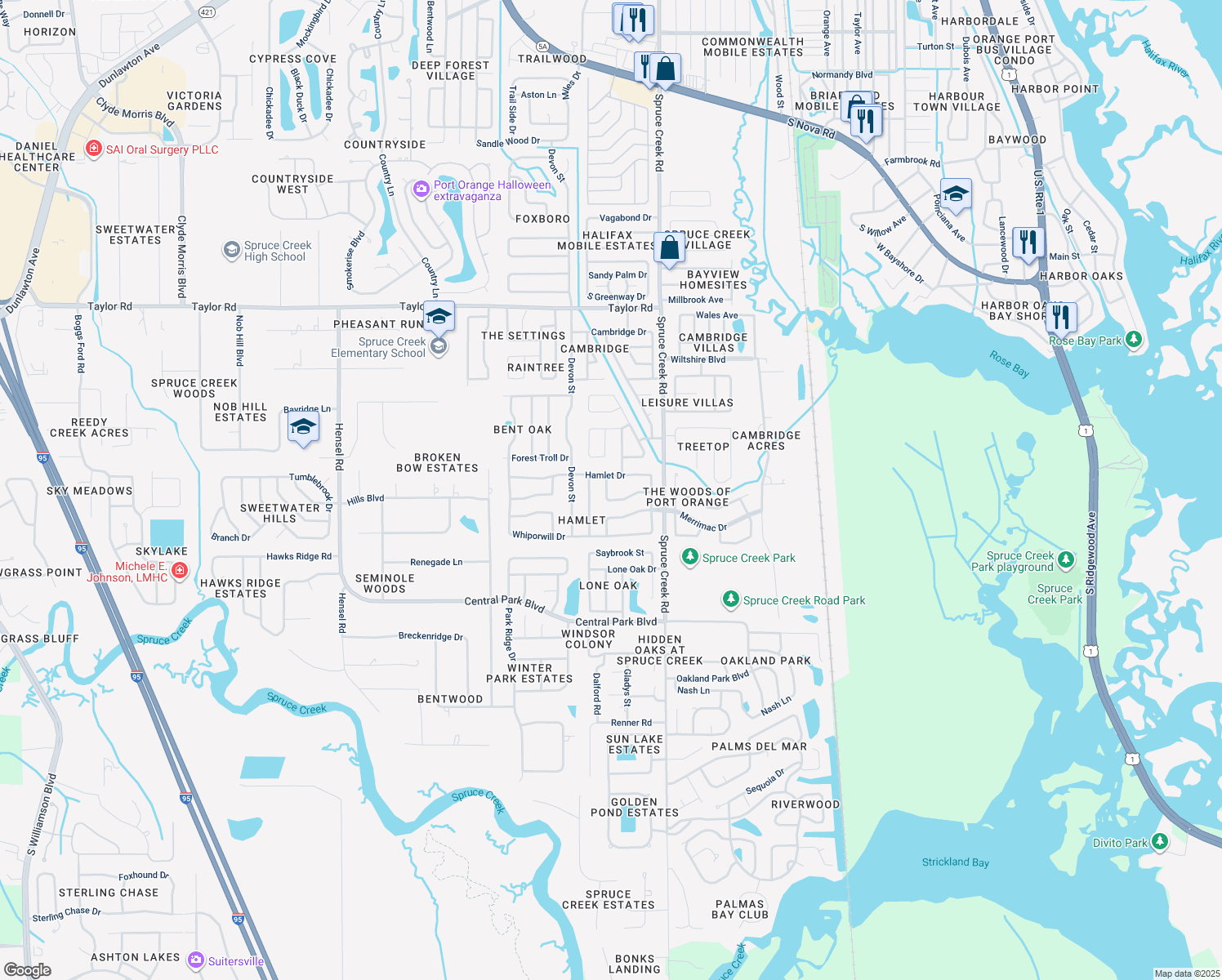 map of restaurants, bars, coffee shops, grocery stores, and more near 632 Boars Head Drive in Port Orange