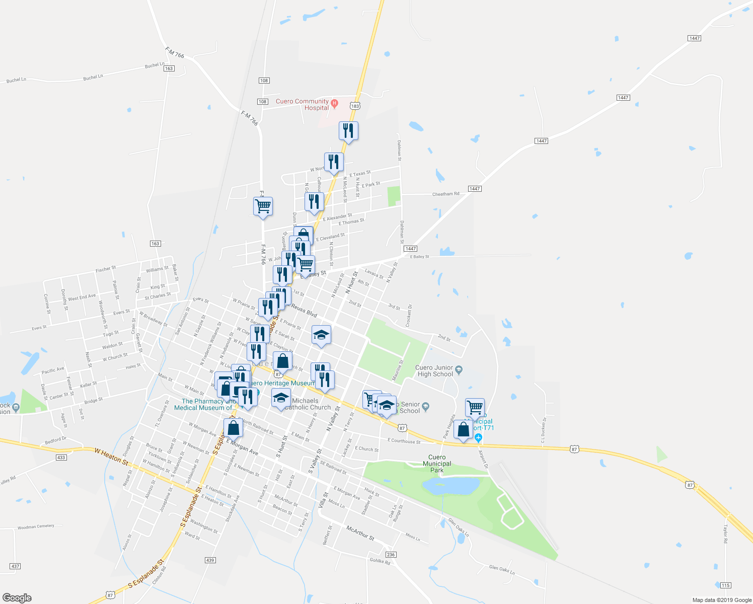 map of restaurants, bars, coffee shops, grocery stores, and more near 609 3rd Street in Cuero