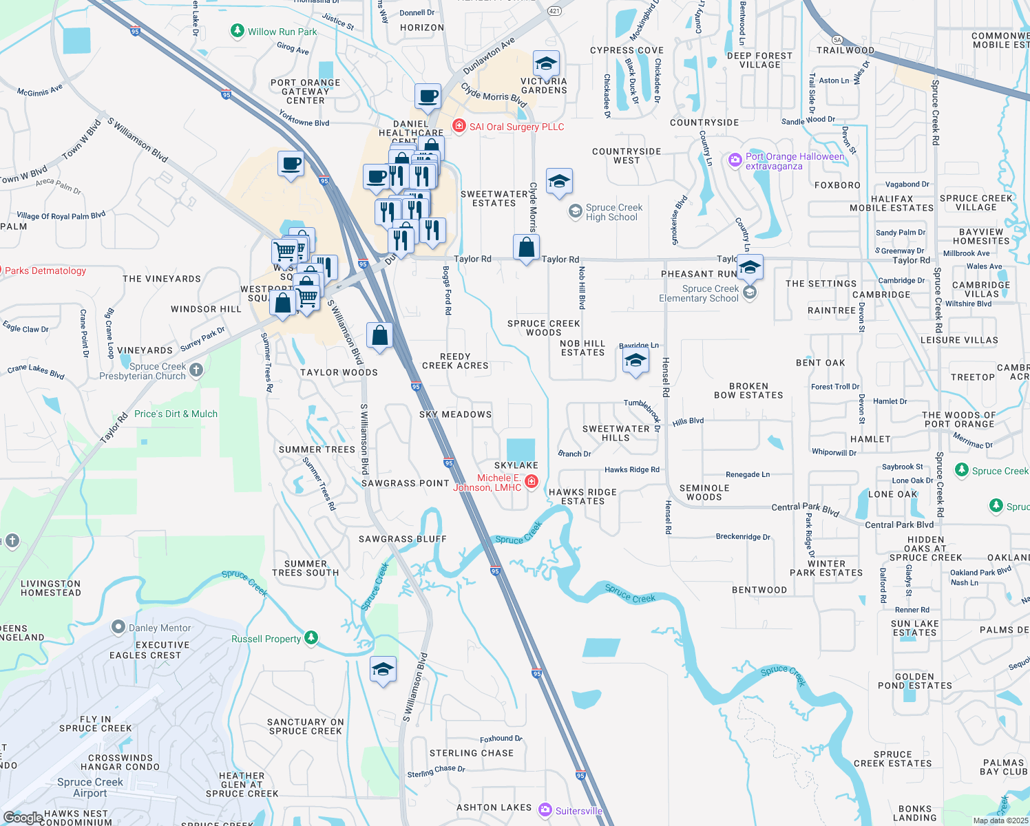 map of restaurants, bars, coffee shops, grocery stores, and more near 996 Grassy Ridge in Port Orange