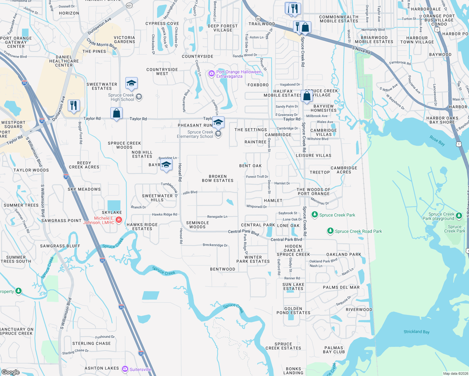 map of restaurants, bars, coffee shops, grocery stores, and more near 5924 Broken Bow Ln in Port Orange