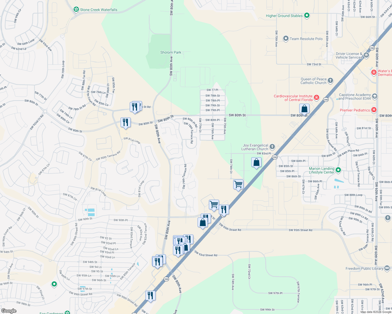map of restaurants, bars, coffee shops, grocery stores, and more near 8395 Southwest 77th Court in Ocala