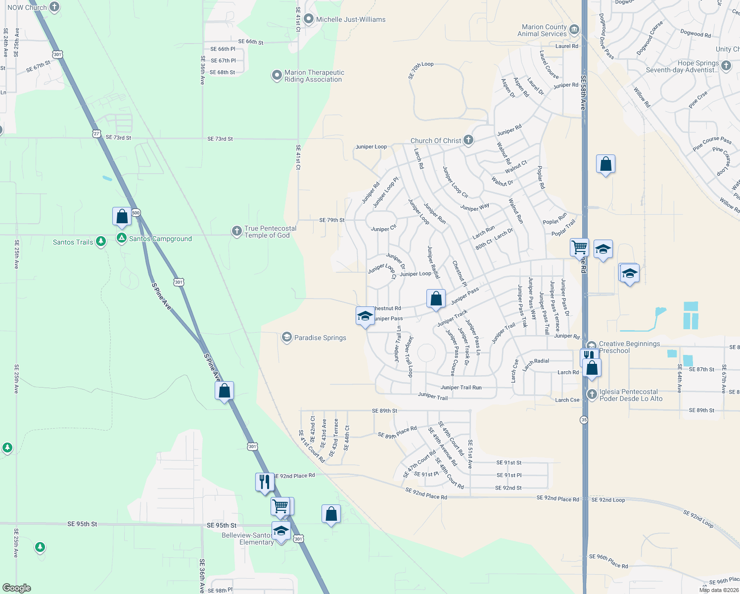 map of restaurants, bars, coffee shops, grocery stores, and more near 8325 Juniper Road in Ocala