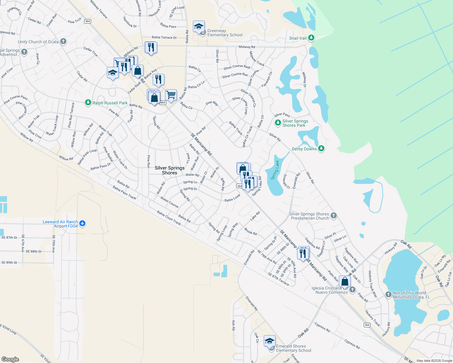 map of restaurants, bars, coffee shops, grocery stores, and more near 9353 Bahia Rd in Ocala