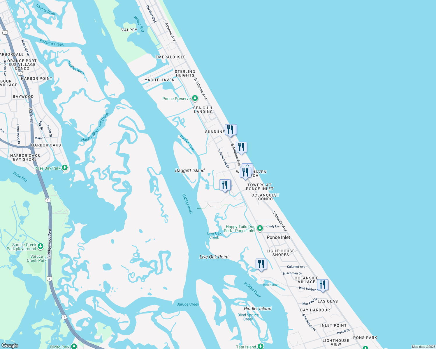 map of restaurants, bars, coffee shops, grocery stores, and more near 115 Marie Drive in Ponce Inlet