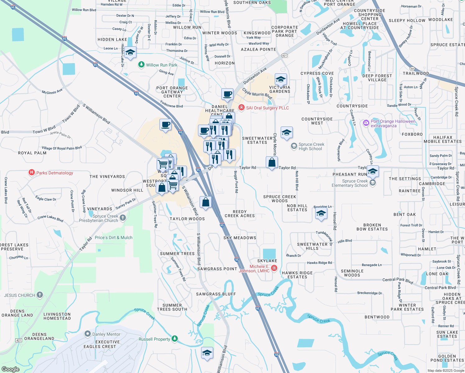 map of restaurants, bars, coffee shops, grocery stores, and more near 5827 Boggs Ford Road in Port Orange