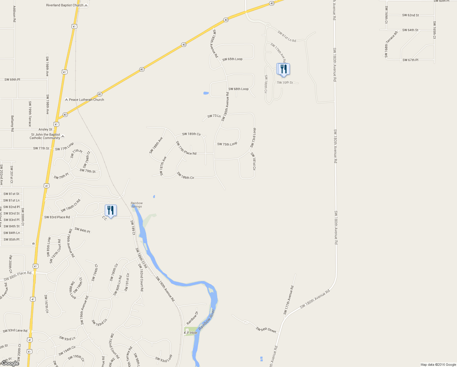 map of restaurants, bars, coffee shops, grocery stores, and more near 8051 Southwest 185th Avenue Road in Dunnellon