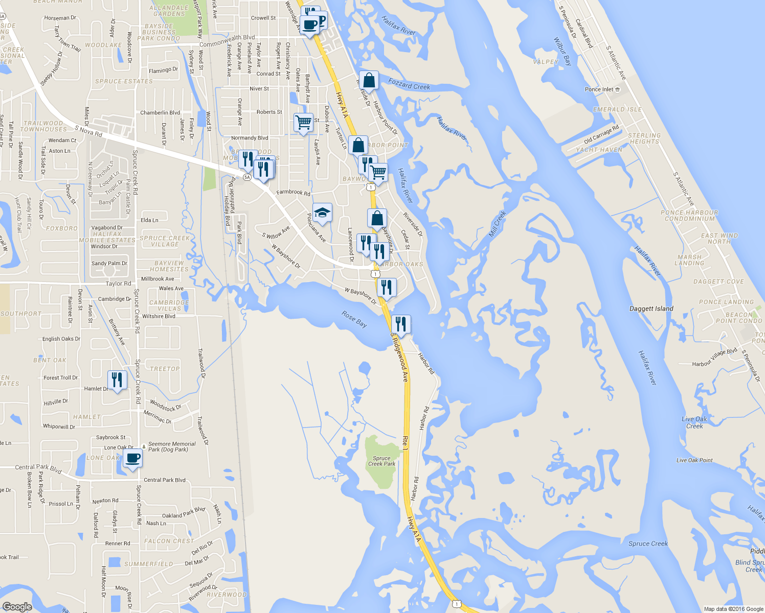 map of restaurants, bars, coffee shops, grocery stores, and more near 7204 West Bayshore Drive in Port Orange
