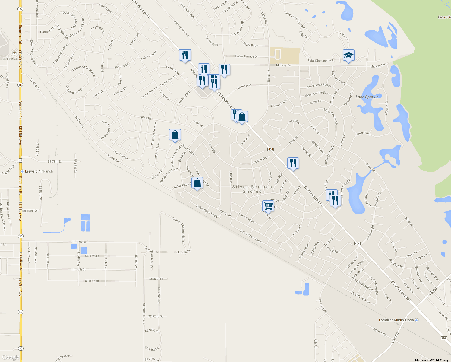 map of restaurants, bars, coffee shops, grocery stores, and more near 40 Pine Run in Ocala