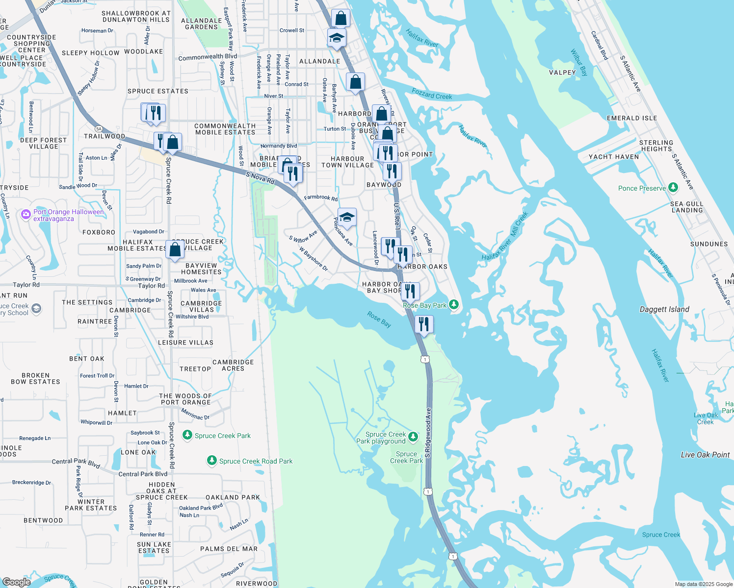 map of restaurants, bars, coffee shops, grocery stores, and more near 5536 West Bayshore Drive in Port Orange