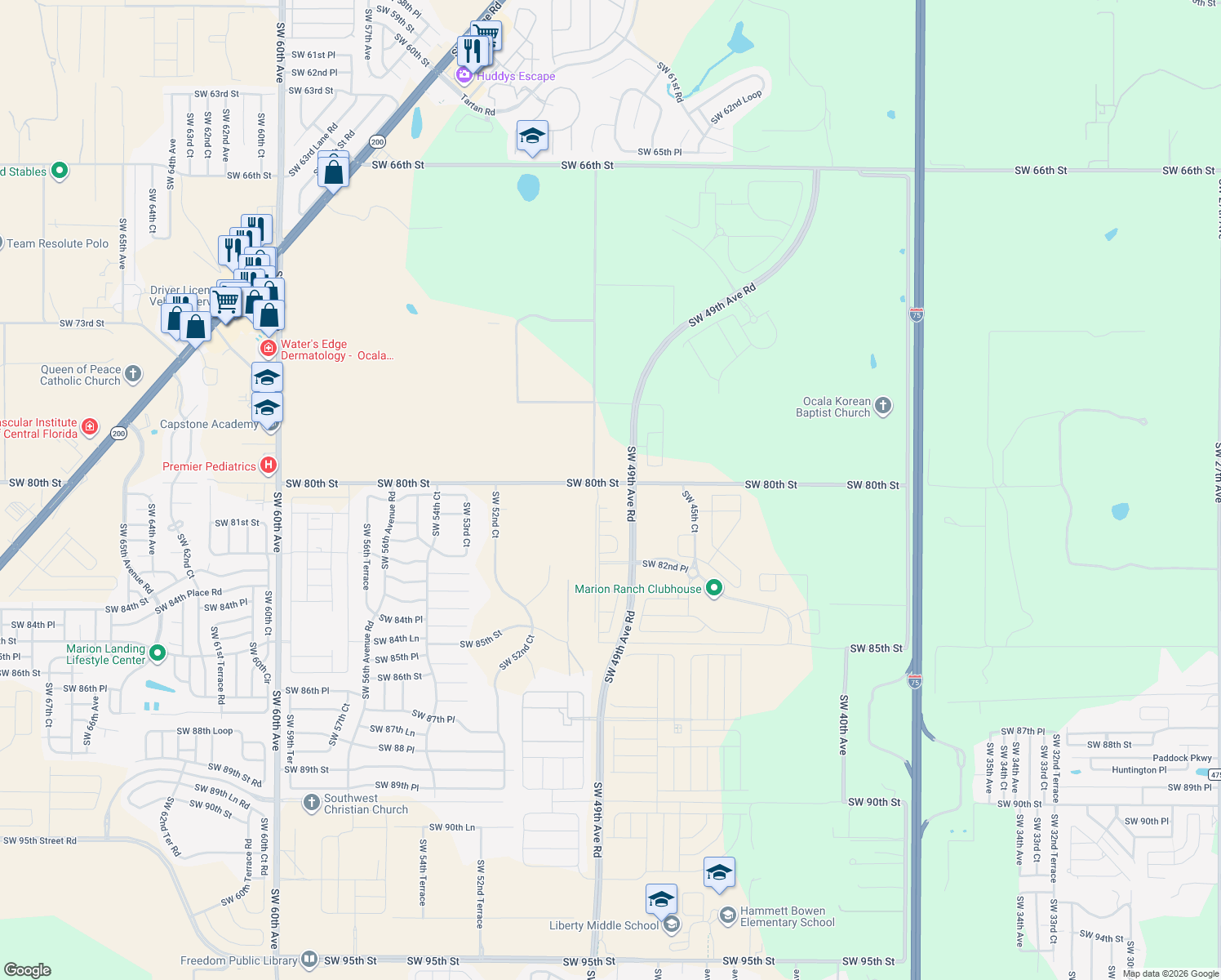 map of restaurants, bars, coffee shops, grocery stores, and more near 4850 Southwest 80th Street in Ocala