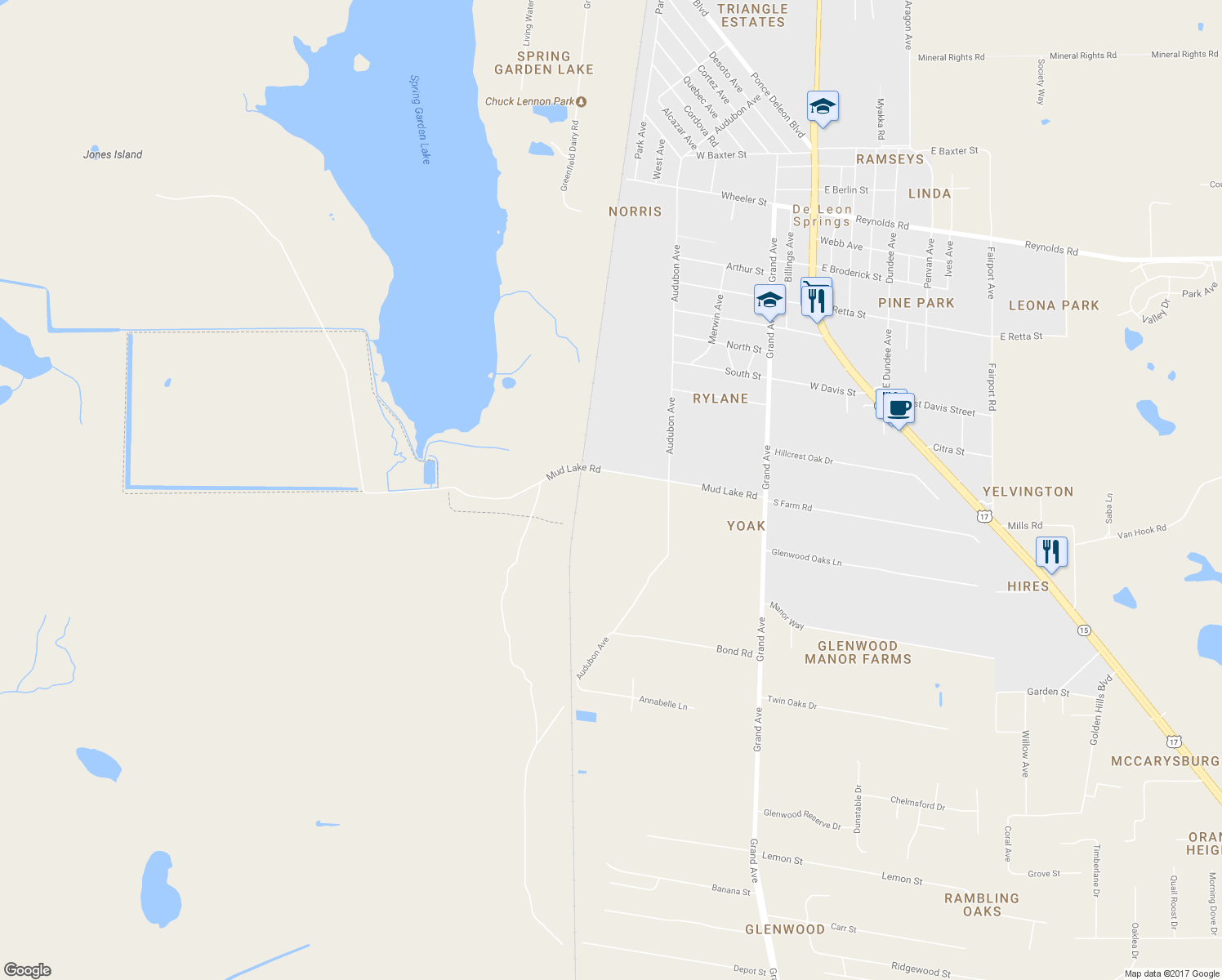 map of restaurants, bars, coffee shops, grocery stores, and more near 2266 Mud Lake Road in De Leon Springs