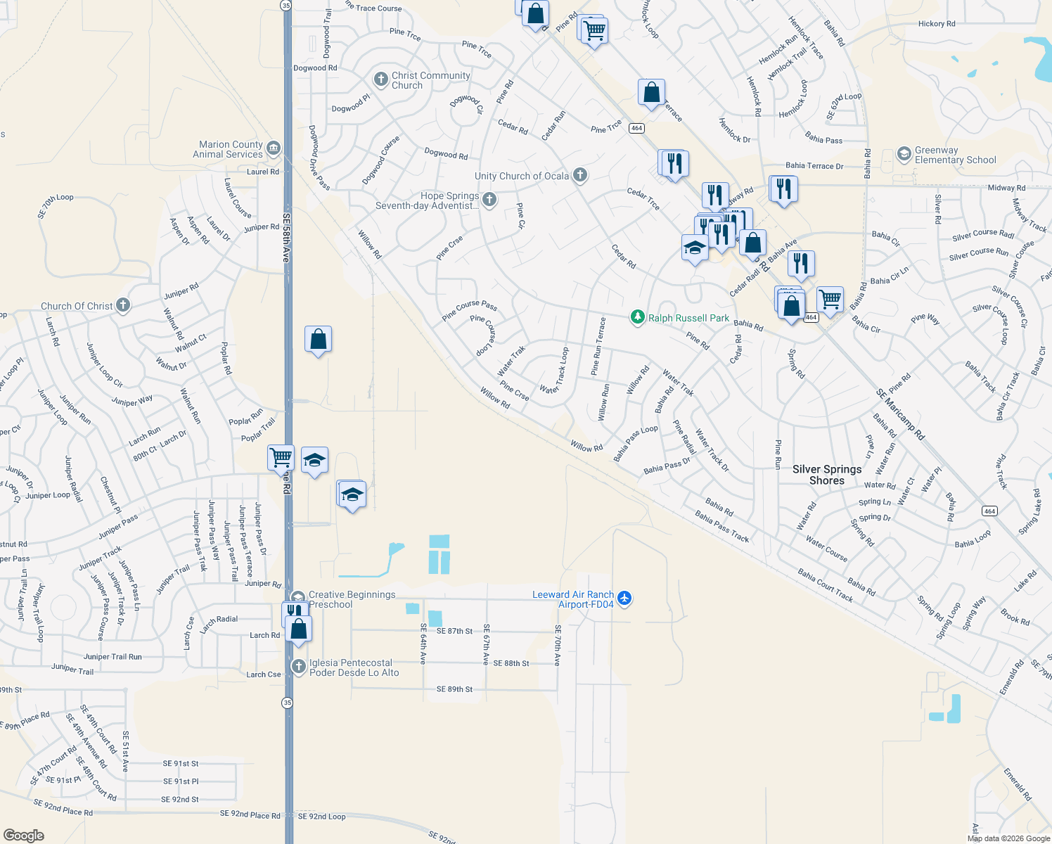 map of restaurants, bars, coffee shops, grocery stores, and more near 112 Willow Road in Ocala