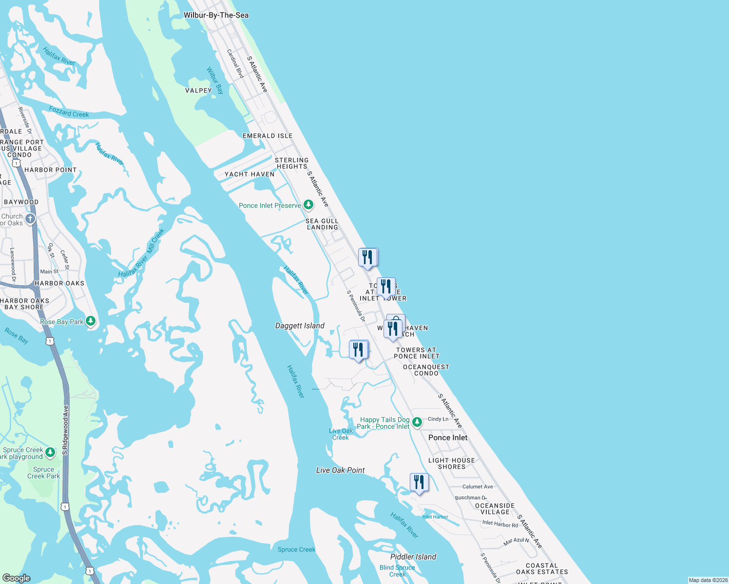 map of restaurants, bars, coffee shops, grocery stores, and more near 5 Daggett Circle in Ponce Inlet