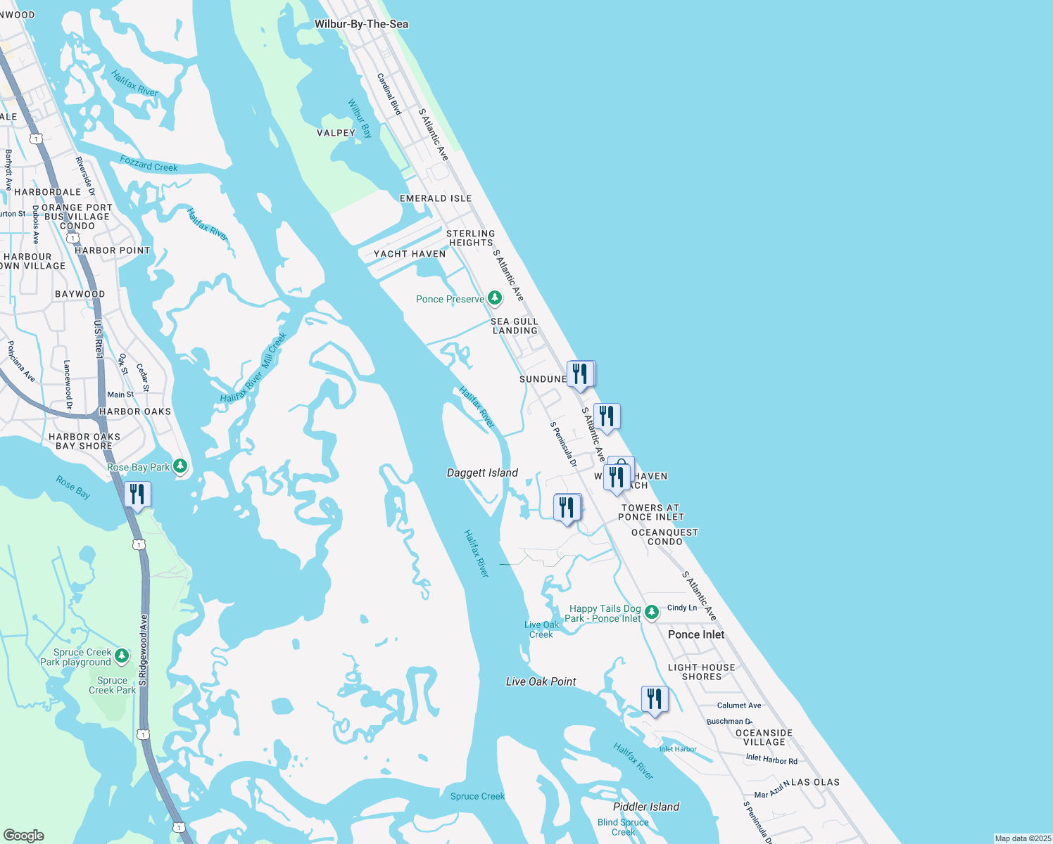 map of restaurants, bars, coffee shops, grocery stores, and more near 14 Marsh Court in Ponce Inlet