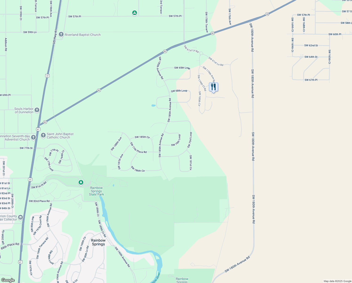 map of restaurants, bars, coffee shops, grocery stores, and more near 18308 Southwest 75th Loop in Dunnellon