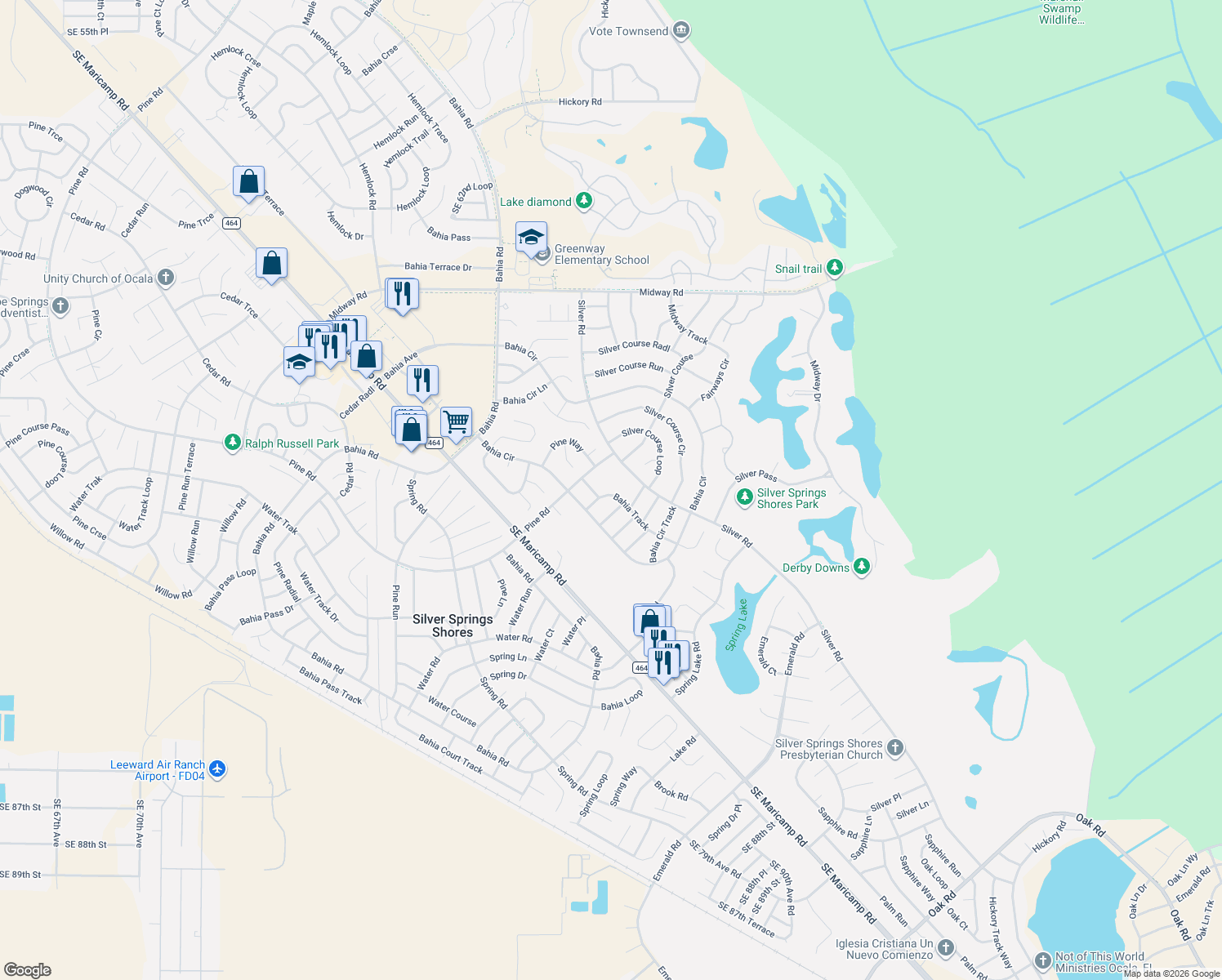 map of restaurants, bars, coffee shops, grocery stores, and more near 311 Bahia Track in Ocala