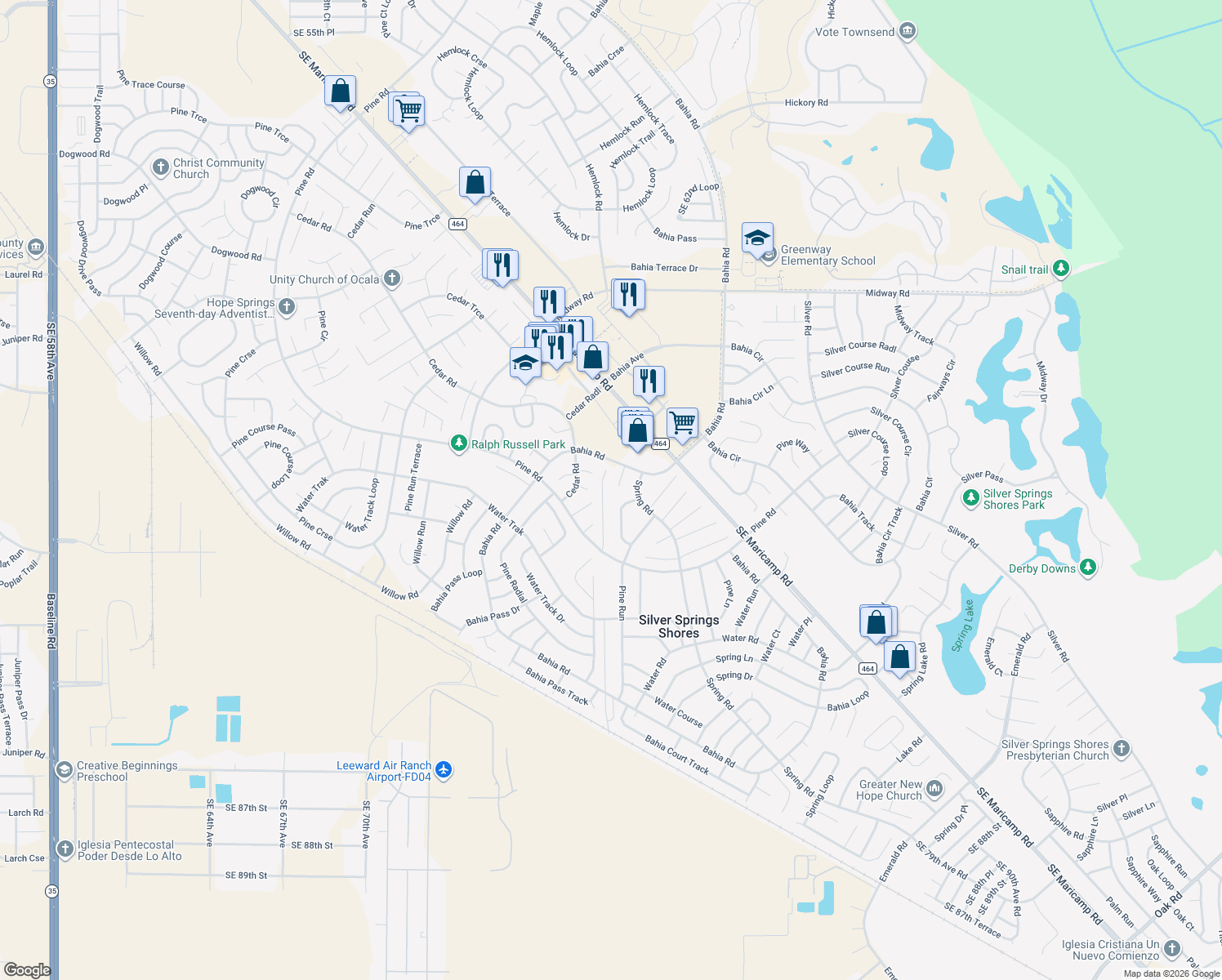 map of restaurants, bars, coffee shops, grocery stores, and more near 8 Bahia Terrace in Ocala