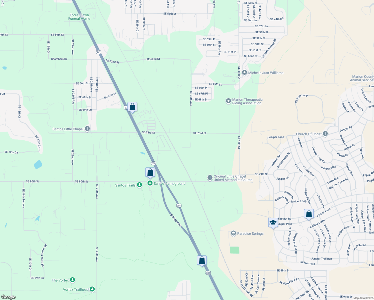 map of restaurants, bars, coffee shops, grocery stores, and more near 7576 Southeast 36th Avenue in Ocala