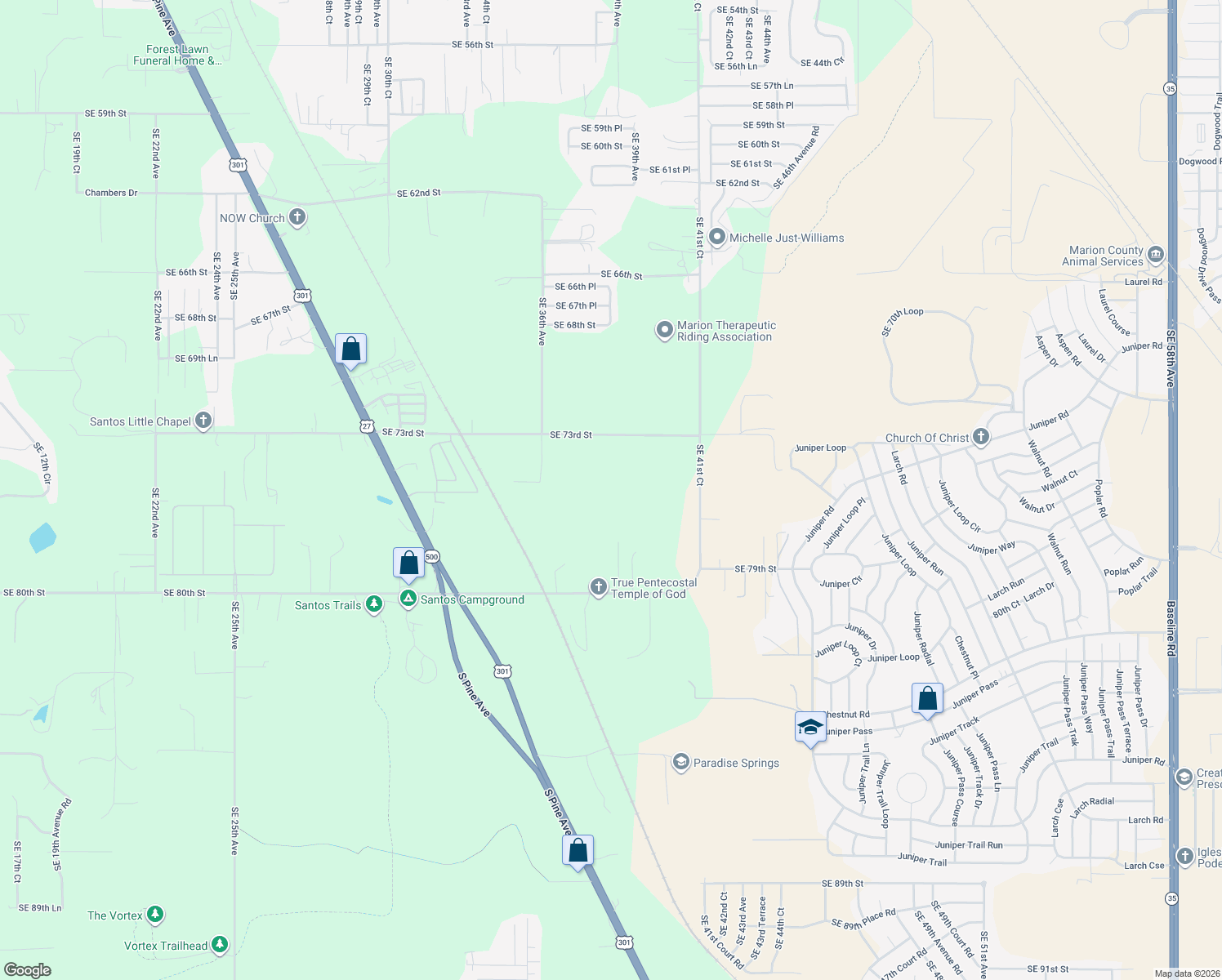 map of restaurants, bars, coffee shops, grocery stores, and more near 7529 Southeast 36th Avenue in Ocala
