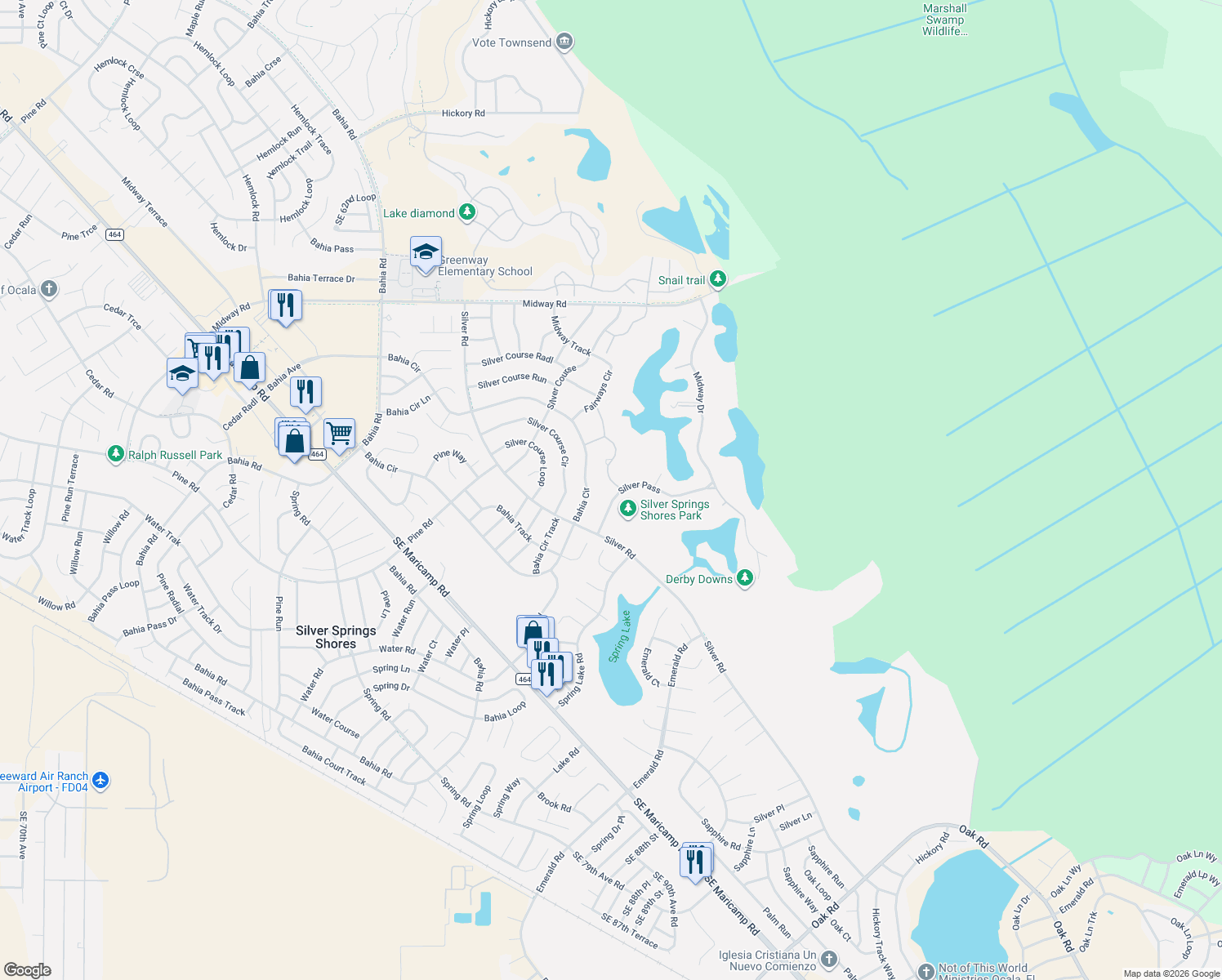 map of restaurants, bars, coffee shops, grocery stores, and more near 633 Silver Pass in Ocala