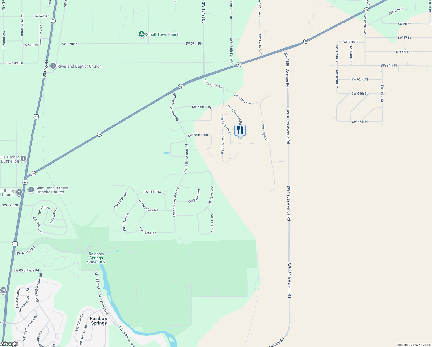 map of restaurants, bars, coffee shops, grocery stores, and more near 18127 Southwest 73rd Loop in Dunnellon