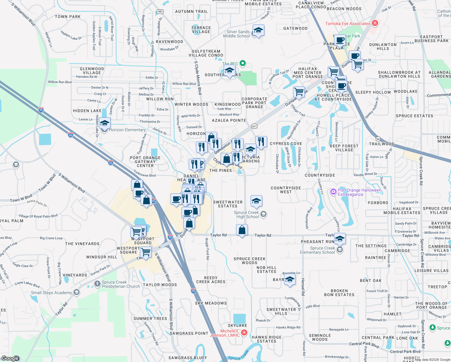 map of restaurants, bars, coffee shops, grocery stores, and more near 5723 Sweetwater Boulevard in Port Orange