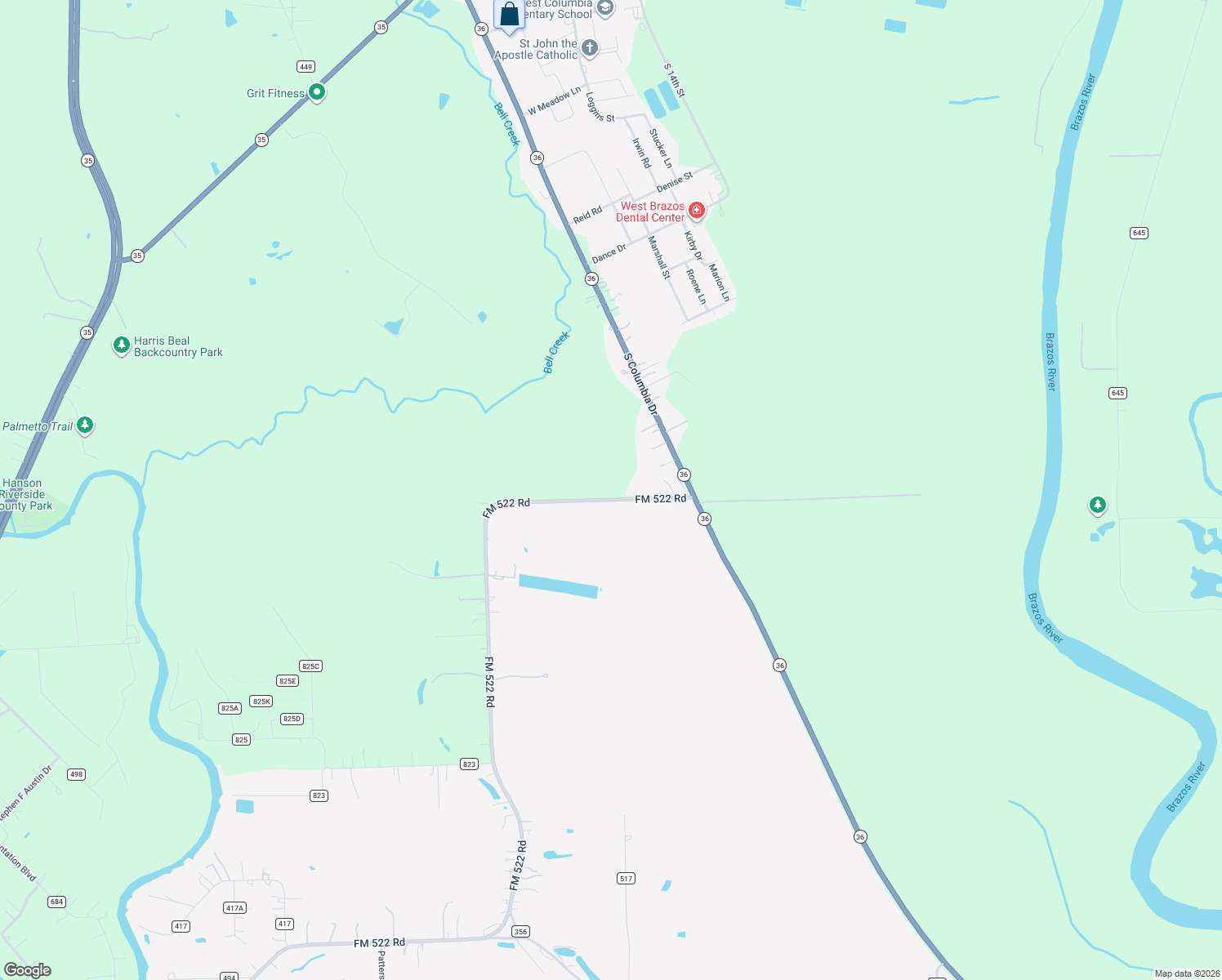map of restaurants, bars, coffee shops, grocery stores, and more near 346 FM 522 Road in West Columbia