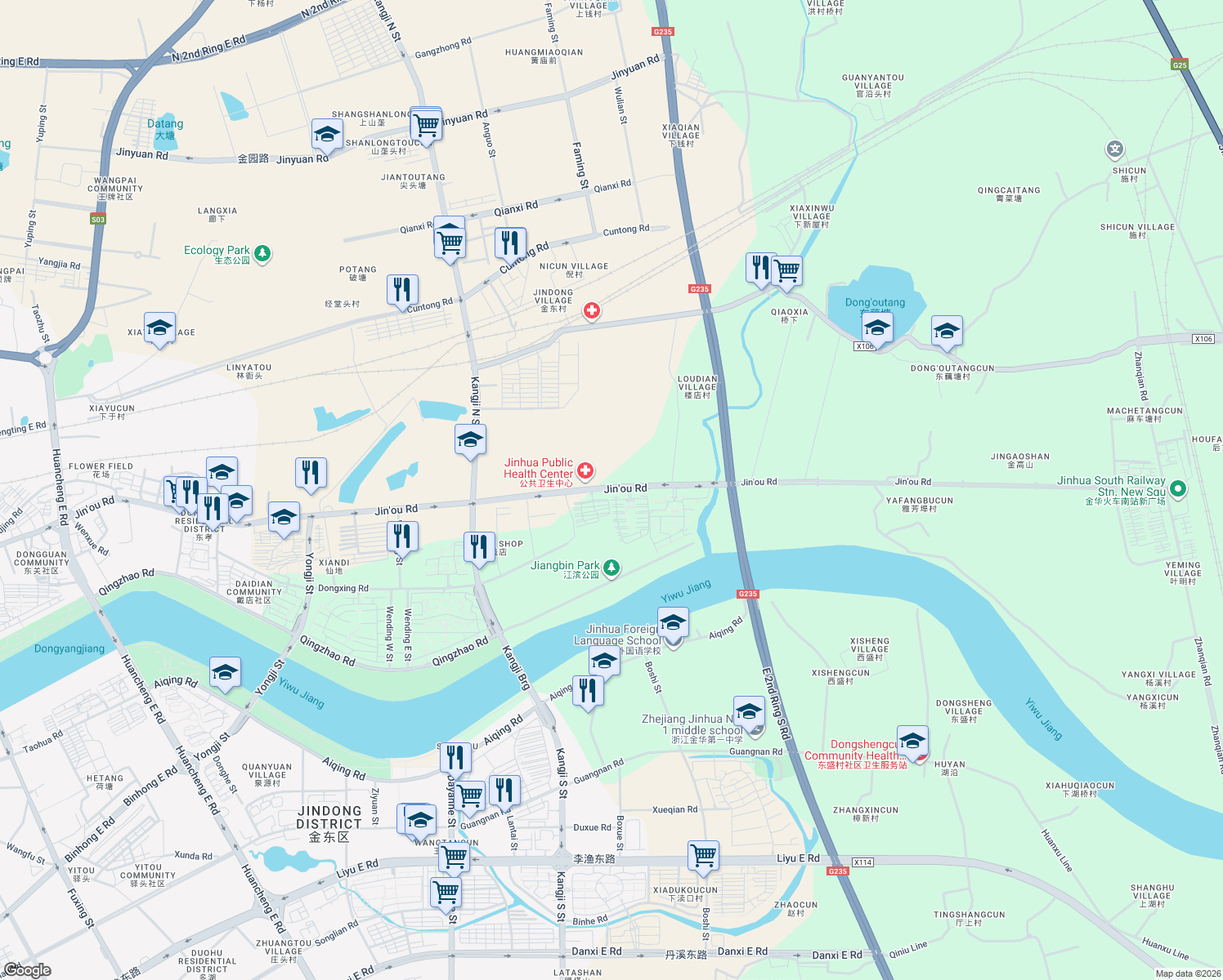map of restaurants, bars, coffee shops, grocery stores, and more near Jin Ou Lu in Jin Hua Shi