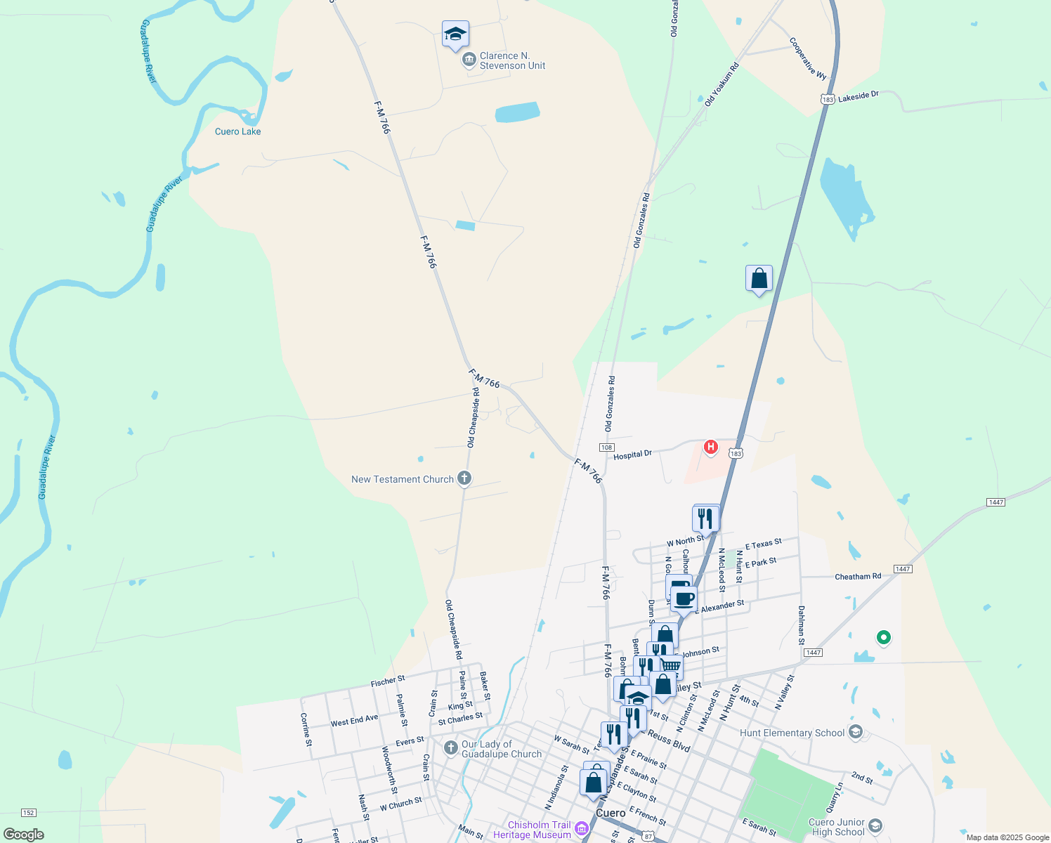 map of restaurants, bars, coffee shops, grocery stores, and more near 250 Fm 766 in Cuero