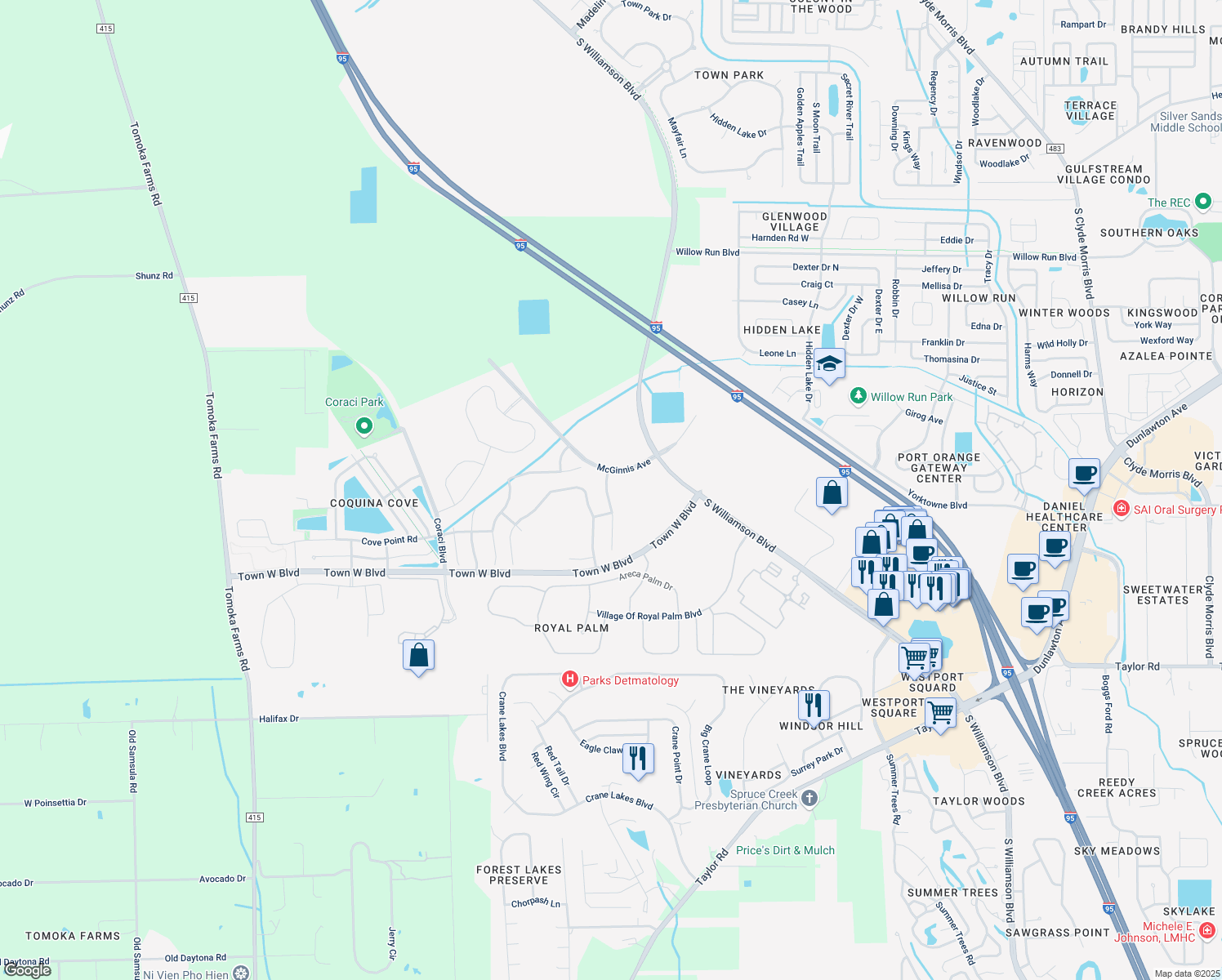 map of restaurants, bars, coffee shops, grocery stores, and more near 5307 Georgia Peach Avenue in Port Orange
