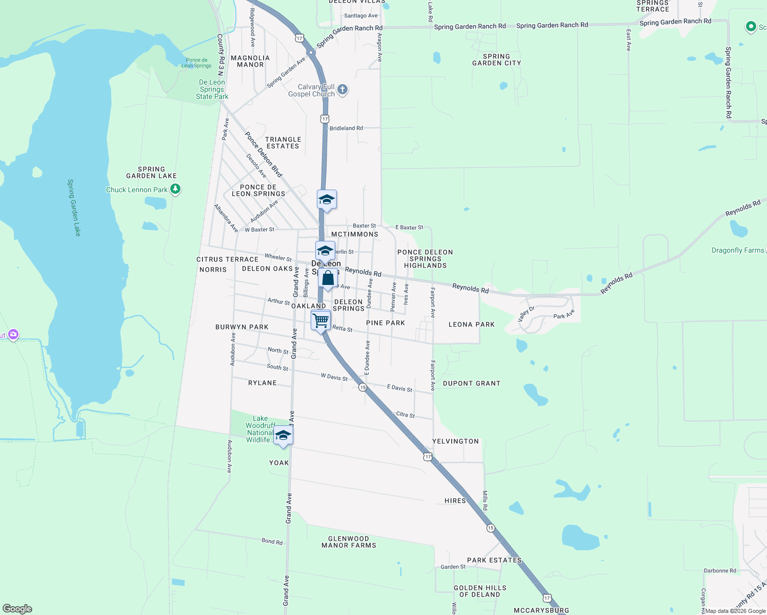 map of restaurants, bars, coffee shops, grocery stores, and more near 261 East Broderick Street in De Leon Springs