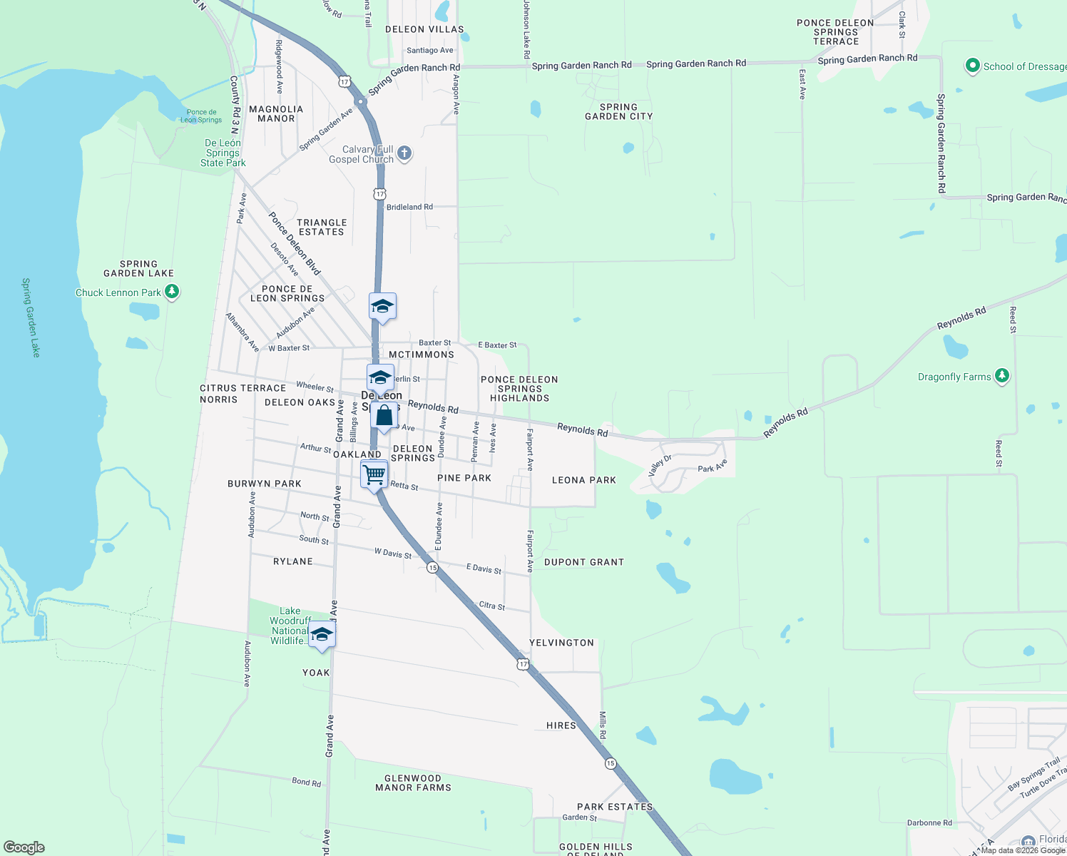 map of restaurants, bars, coffee shops, grocery stores, and more near 5091 Fairport Avenue in De Leon Springs