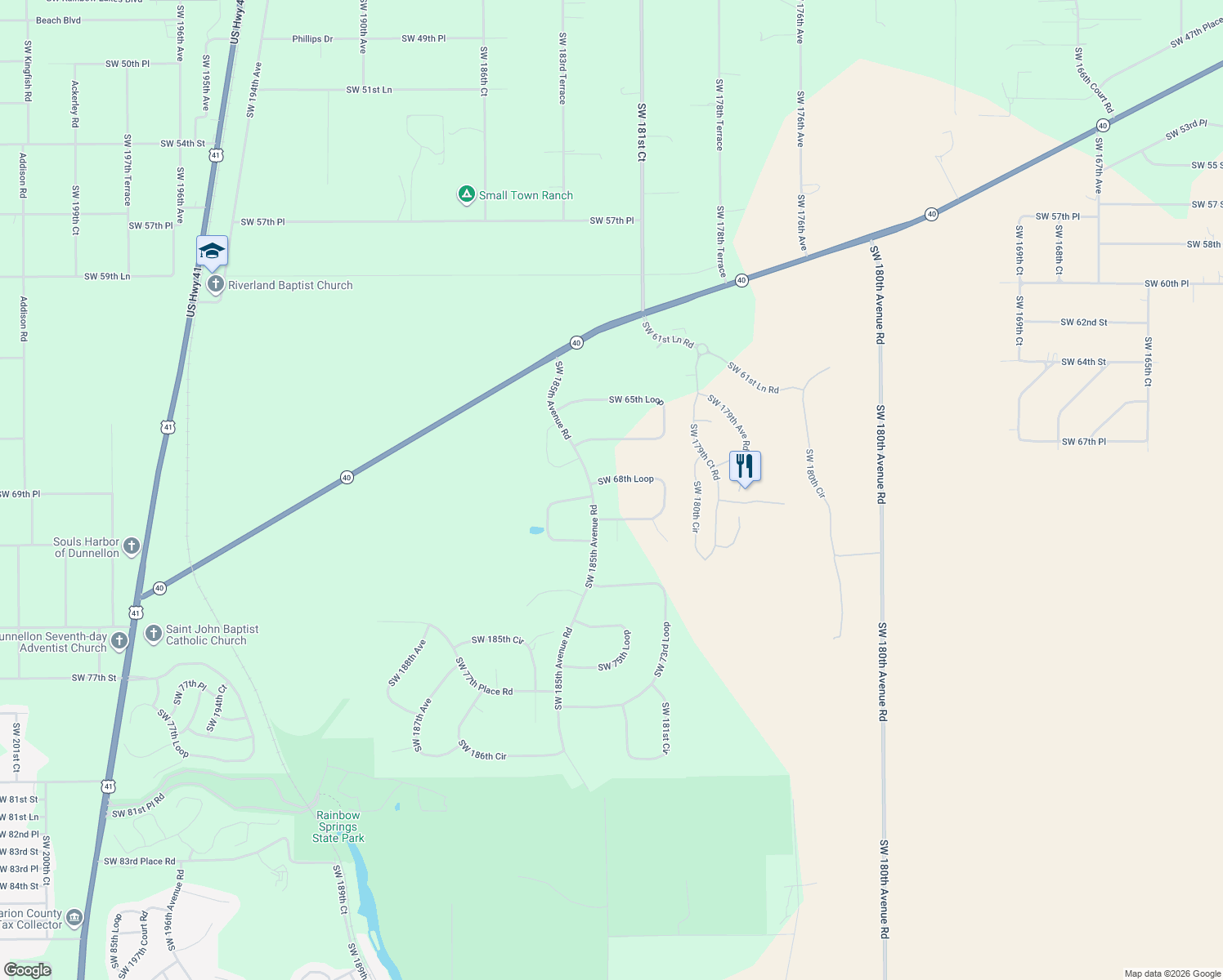 map of restaurants, bars, coffee shops, grocery stores, and more near 18012 Southwest 68th Loop in Dunnellon
