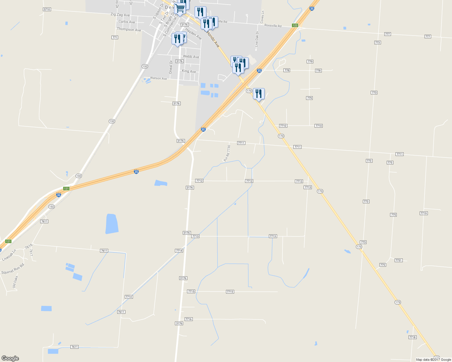 map of restaurants, bars, coffee shops, grocery stores, and more near 290 County Road 7712 in Devine