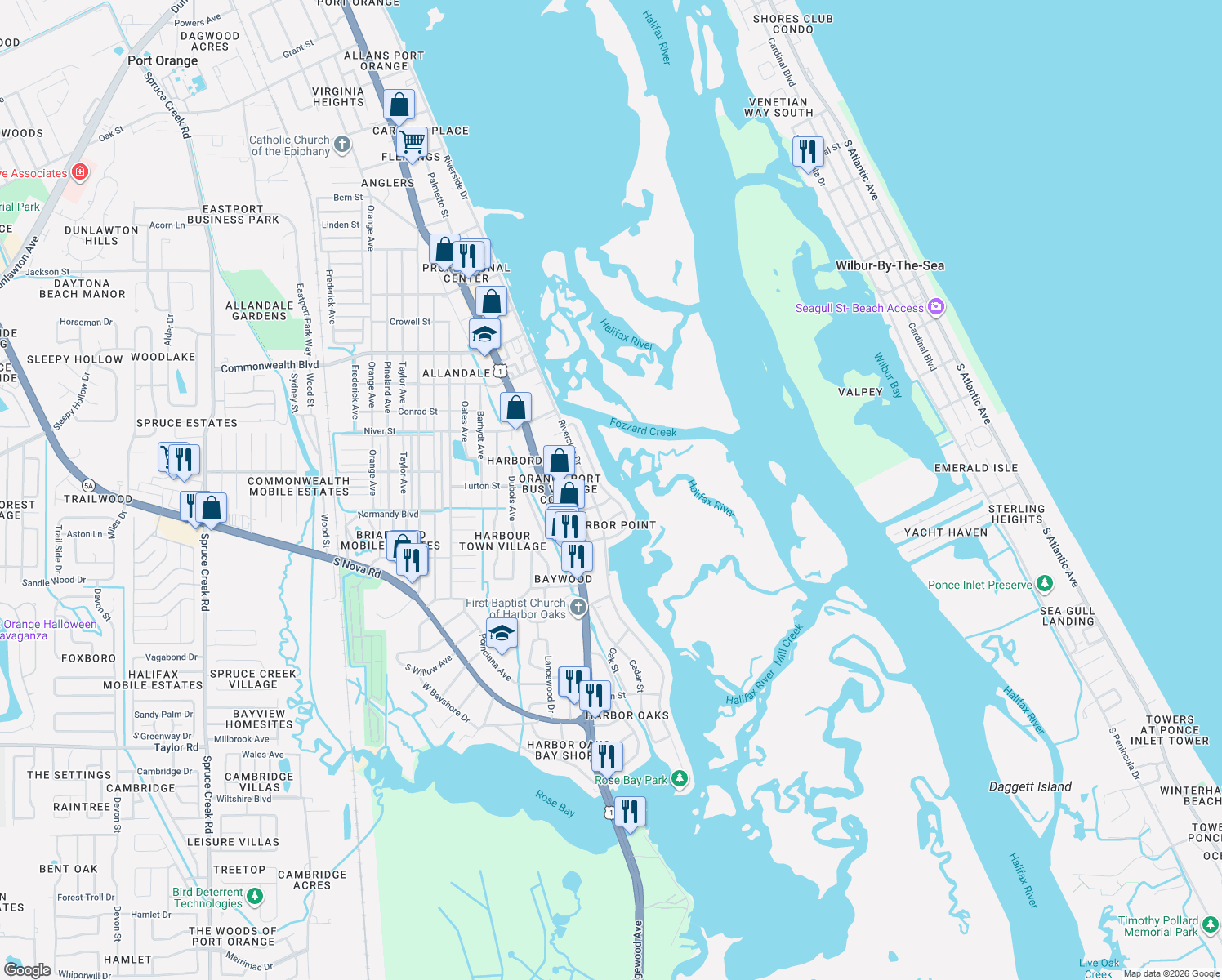 map of restaurants, bars, coffee shops, grocery stores, and more near 1210 Harbour Point Drive in Port Orange