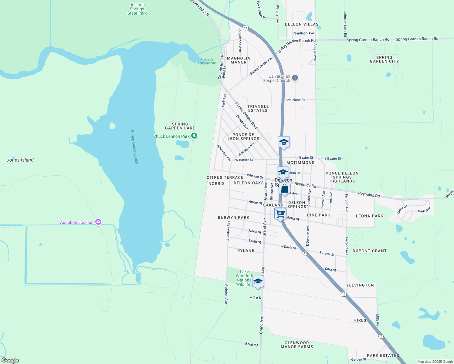 map of restaurants, bars, coffee shops, grocery stores, and more near 5050 Audubon Avenue in De Leon Springs