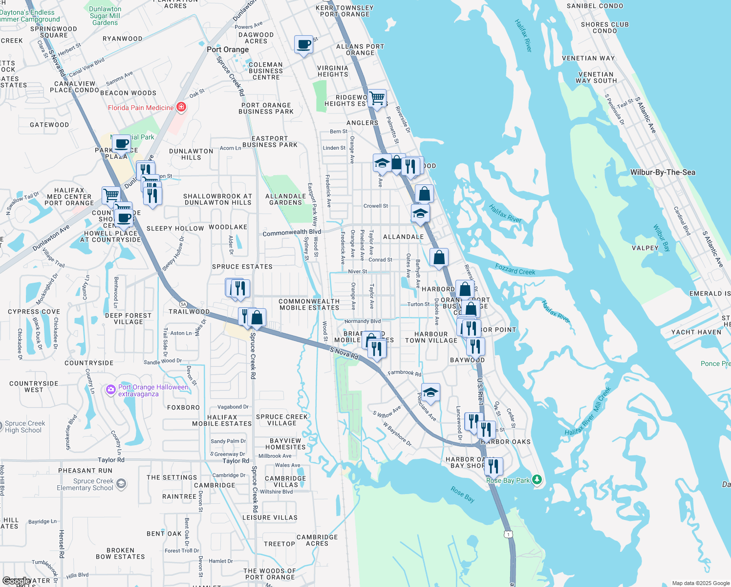 map of restaurants, bars, coffee shops, grocery stores, and more near 5437 Pineland Avenue in Port Orange