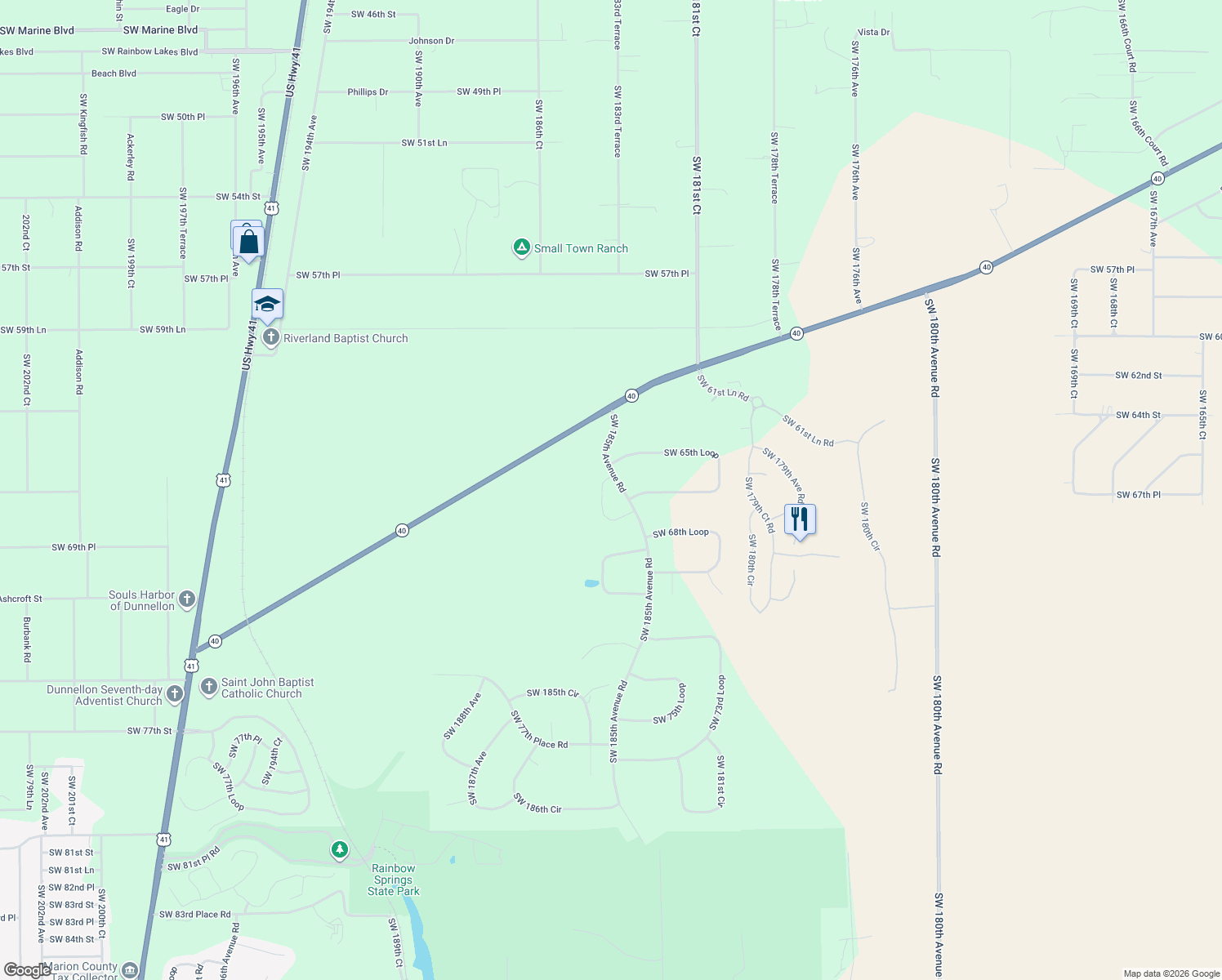 map of restaurants, bars, coffee shops, grocery stores, and more near 18470 Southwest 66th Loop in Dunnellon