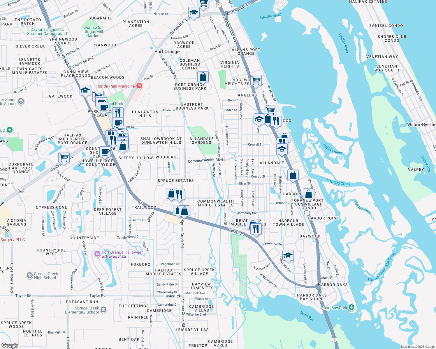 map of restaurants, bars, coffee shops, grocery stores, and more near 5246 Wood Street in Port Orange